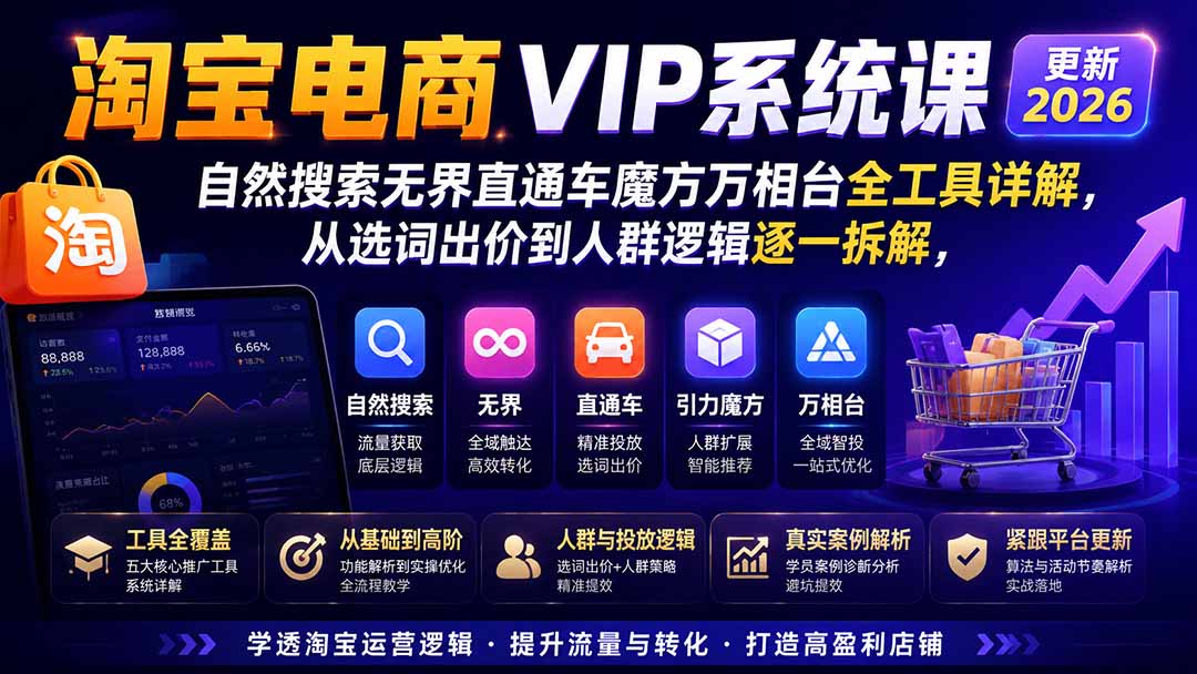 2026淘宝电商终局之战VIP课-更新1022：自然搜索+直通车+无界+精准人群，系统掌握测款动销与全店推广布局方法-橙心云网创