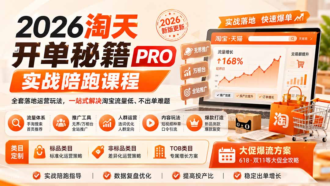 2026淘天开单秘籍PRO实战陪跑课程-更新1023:全套落地运营玩法,一站式解决淘宝流量低、不出单难题-橙心云网创