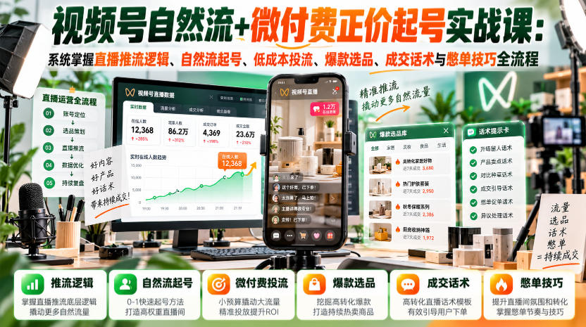 视频号自然流+微付费正价起号实战课:系统掌握直播推流逻辑、自然流起号、低成本投流、爆款选品、成交话术与憋单技巧全流程-橙心云网创