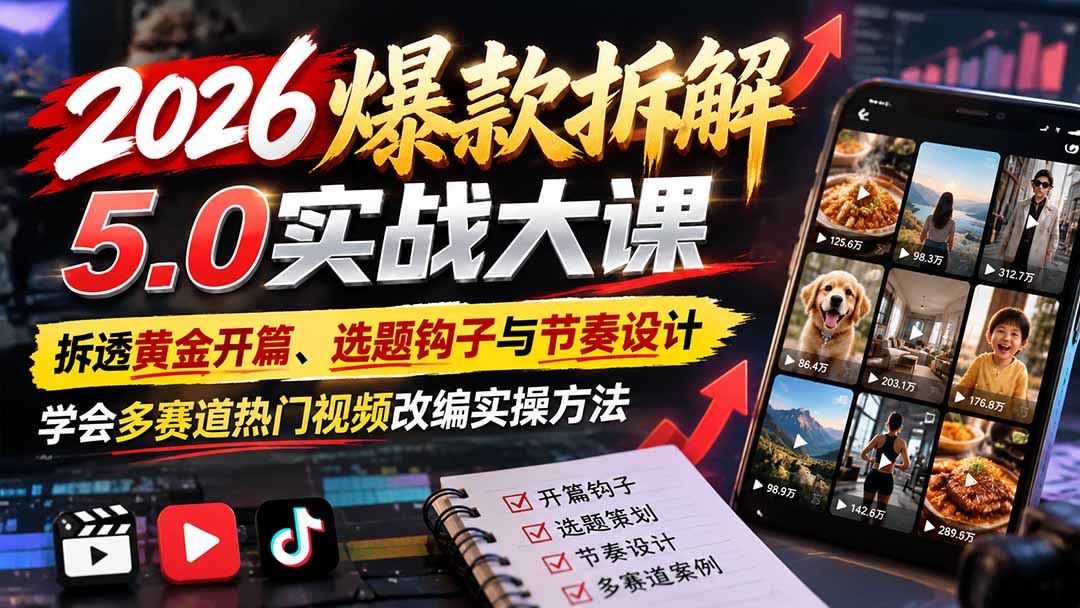 2026爆款拆解5.0实战大课：拆透黄金开篇、选题钩子与节奏设计，学会多赛道热门视频改编实操方法-橙心云网创