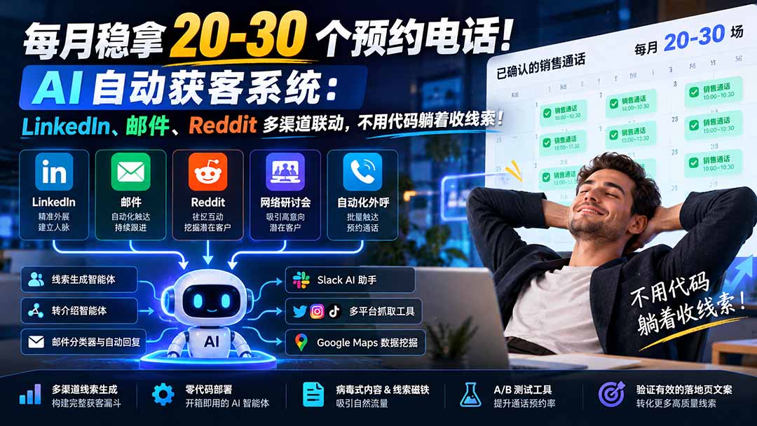 每月稳拿 20-30 个预约电话!AI 自动获客系统:LinkedIn、邮件、Reddit 多渠道联动,不用代码躺着收线索!-橙心云网创