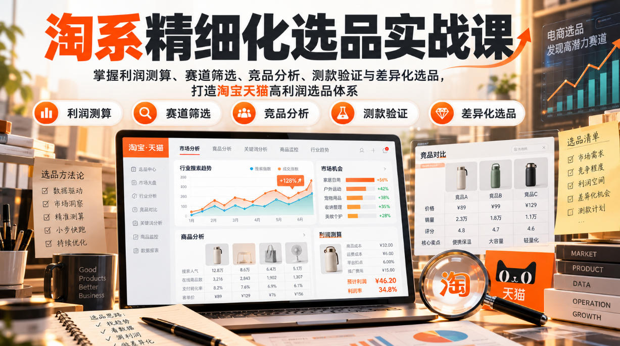货架电商精细化选品实战课:掌握利润测算、赛道筛选、竞品分析、测款验证与差异化选品,打造淘宝天猫高利润选品体系-橙心云网创