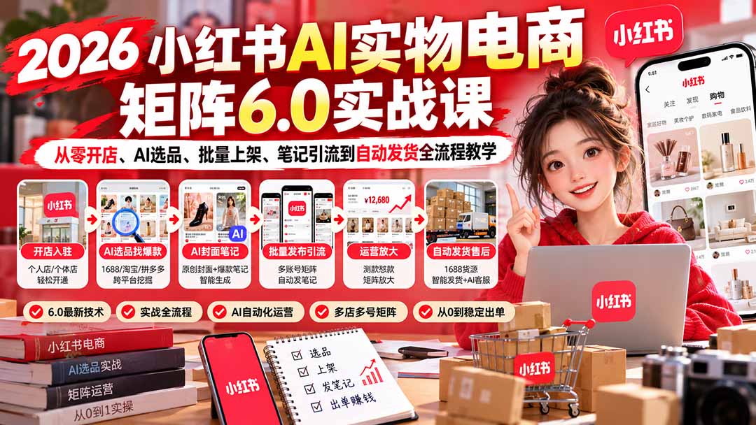 2026小红书AI实物电商矩阵6.0实战课:从零开店、AI选品、批量上架、笔记引流到自动发货全流程教学-橙心云网创
