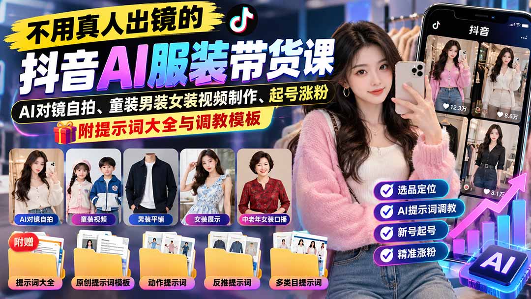 不用真人出镜的抖音AI服装带货课:AI对镜自拍、童装男装女装视频制作、起号涨粉,附提示词大全与调教模板-橙心云网创
