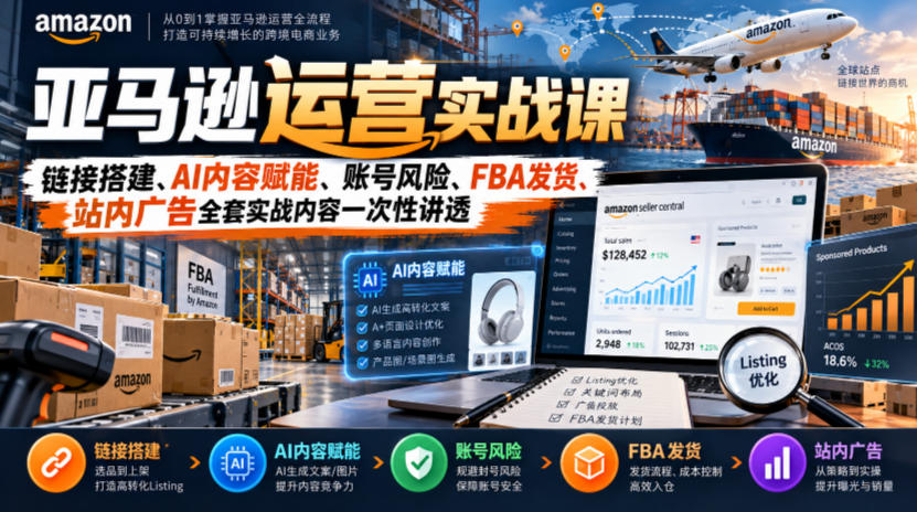亚马逊运营实战课,链接搭建、AI内容赋能、账号风险、FBA发货、站内广告全套实战内容一次性讲透-橙心云网创