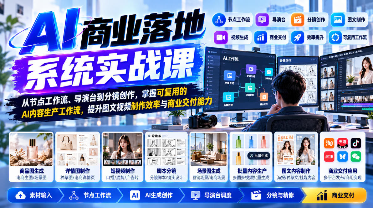 【无水印】AI商业落地系统实战课,从节点工作流、导演台到分镜创作,掌握可复用的AI内容生产工作流,提升图文视频制作效率与商业交付能力-橙心云网创