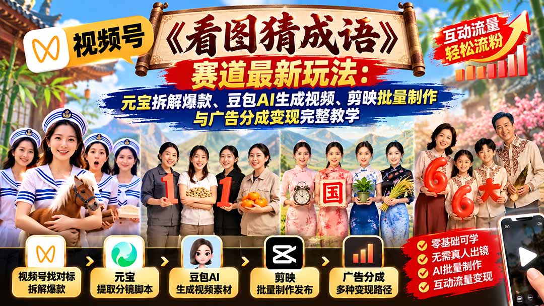 视频号《看图猜成语》赛道最新玩法:元宝拆解爆款、豆包AI生成视频、剪映批量制作与广告分成变现完整教学-橙心云网创