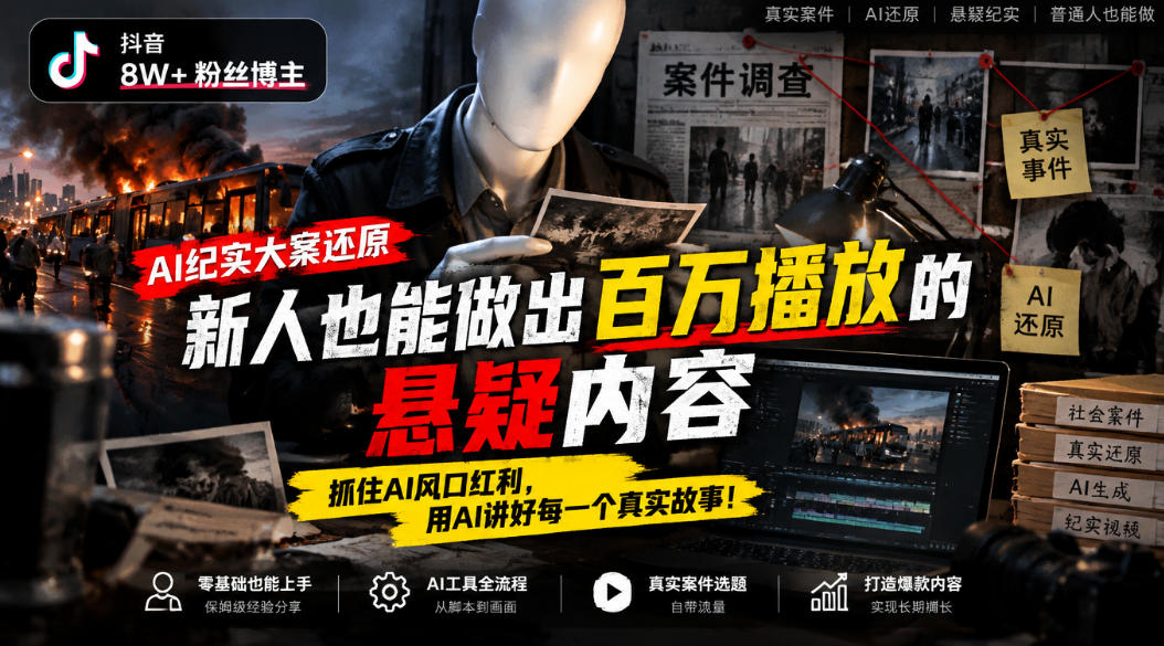 抖音8W粉丝博主的AI纪实大案还原教学，新人也能做出百W播放的悬疑内容，抓住AI风口红利，用AI讲好每一个真实故事(更新1014)-橙心云网创