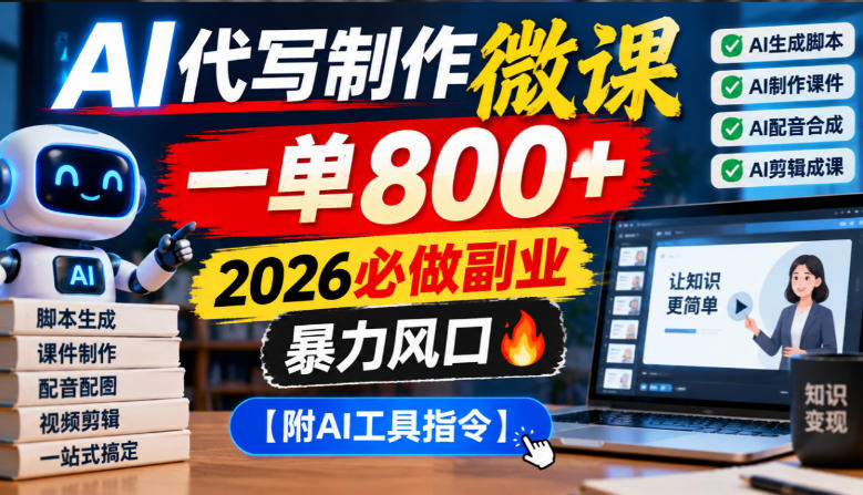 AI代写制作微课,一单800+,2026必做副业,暴力风口【附AI工具指令】【揭秘】-橙心云网创