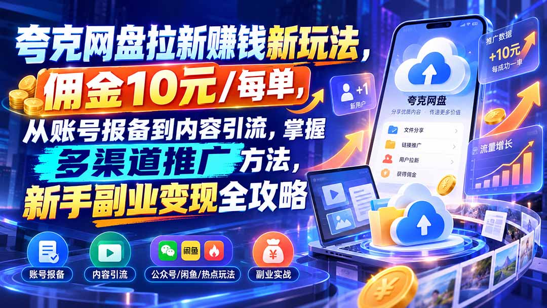 夸克网盘拉新赚钱新玩法，佣金10元/每单，从账号报备到内容引流，掌握多渠道推广方法，新手副业变现全攻略-橙心云网创
