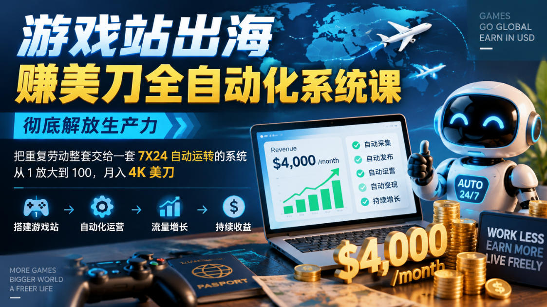 游戏站出海賺美刀全自动化系统课，彻底解放生产力--把重复劳动整套交给一套7X24自动运转的系统，从1放大到100，月入4K美刀-橙心云网创