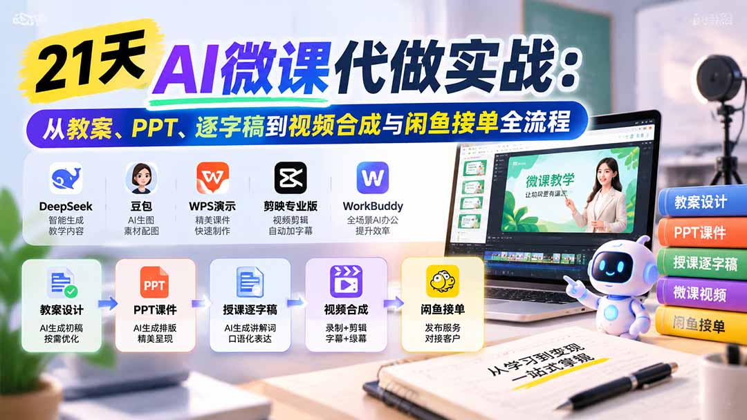 21天AI微课代做实战：从教案、PPT、逐字稿到视频合成与闲鱼接单全流程-橙心云网创