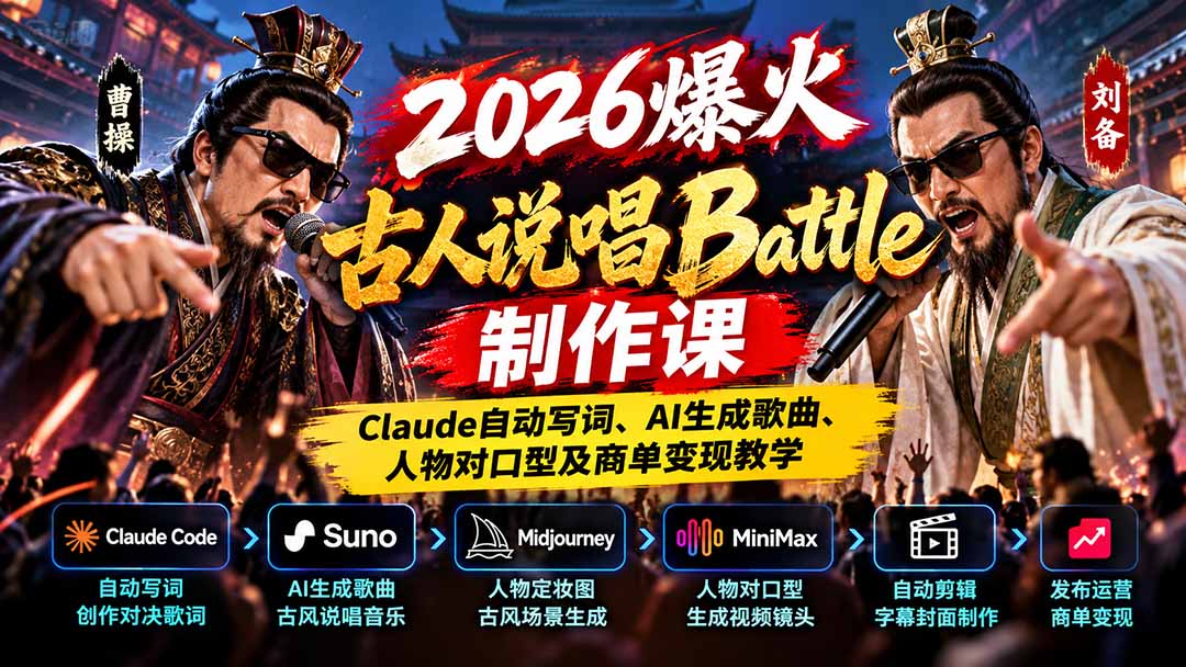 2026爆火古人说唱Battle制作课:Claude自动写词、AI生成歌曲、人物对口型及商单变现教学-橙心云网创