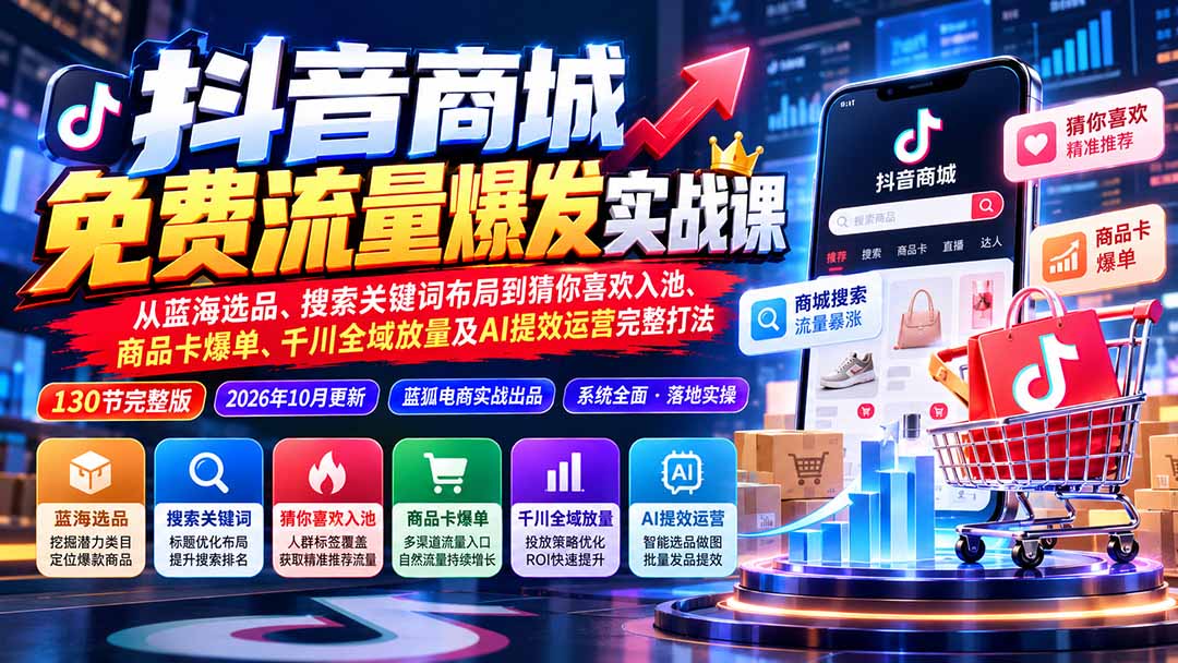 抖店城免费流量爆发实战-更新:蓝海选品、搜索关键词布局到猜你喜欢入池、商品卡爆单、千川全域放量及AI提效完整打法-橙心云网创