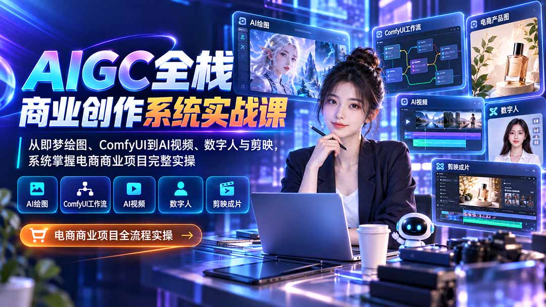 AIGC全栈商业创作系统实战课-更新1017：从即梦绘图、ComfyUI到AI视频、数字人与剪映，系统掌握电商商业项目完整实操-橙心云网创