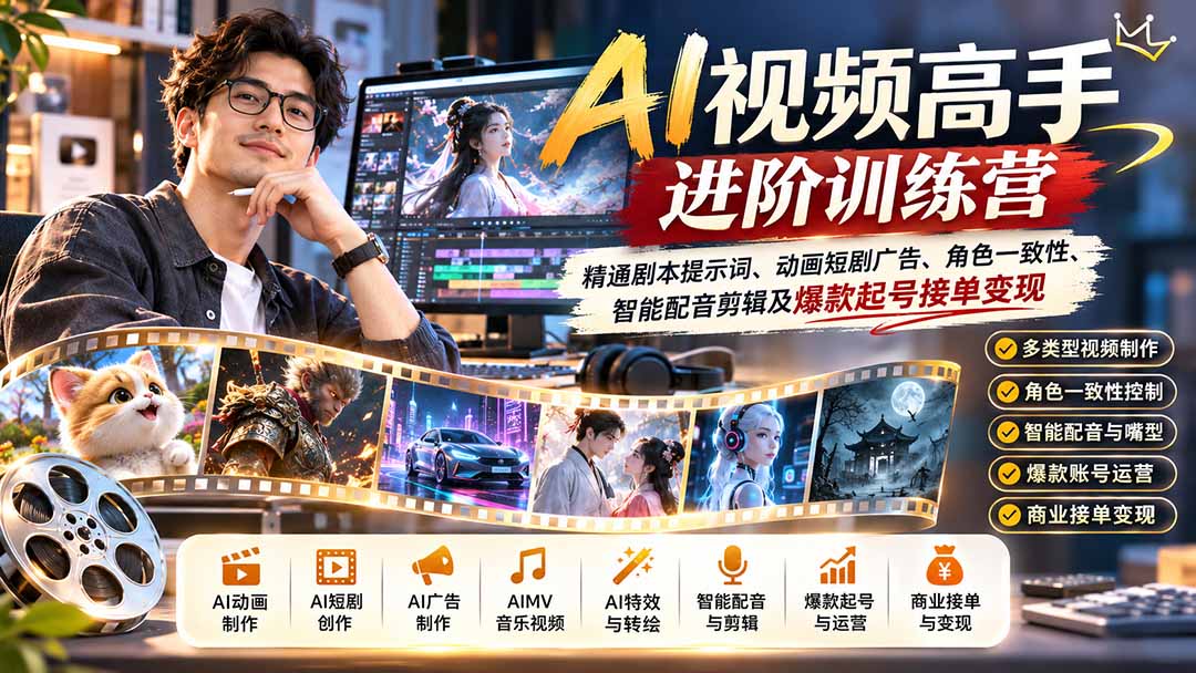 AI视频高手进阶训练营：精通剧本提示词、动画短剧广告、角色一致性、智能配音剪辑及爆款起号接单变现-橙心云网创