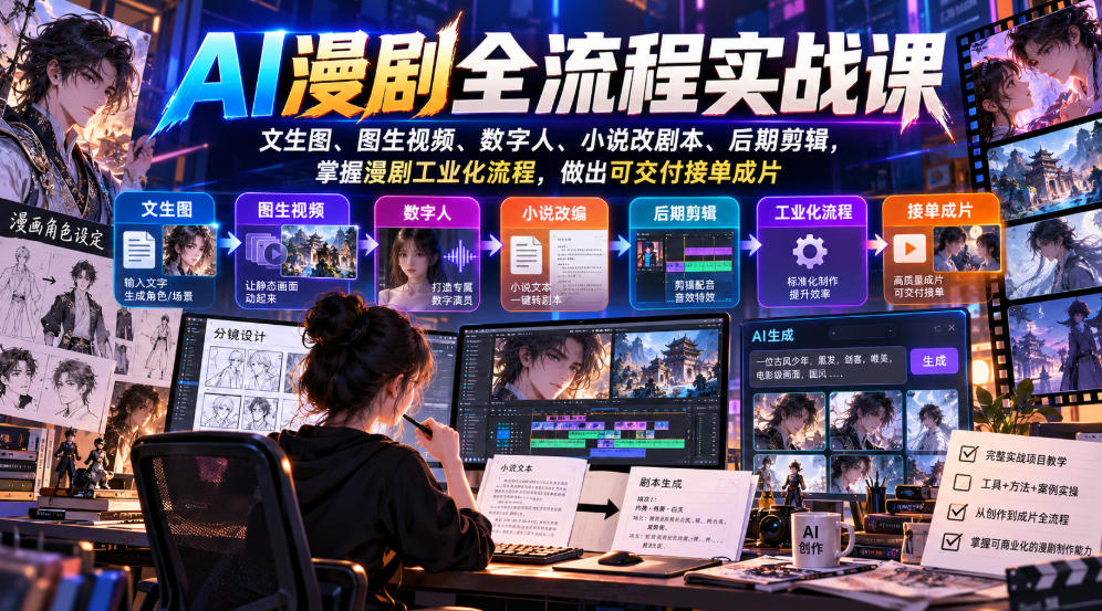AI漫剧全流程实战课,文生图、图生视频、数字人、小说改剧本、后期剪辑,掌握漫剧工业化流程,做出可交付接单成片-橙心云网创