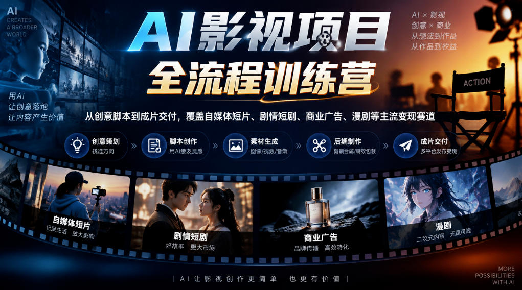 AI影视项目全流程训练营,从创意脚本到成片交付,覆盖自媒体短片、剧情短剧、商业广告、漫剧等主流变现赛道-橙心云网创