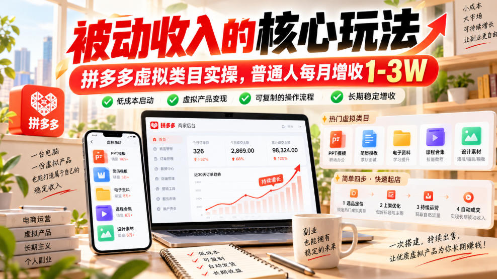 被动收入的核心玩法,拼多多虚拟类目实操,普通人每月增收1-3W【揭秘】-橙心云网创