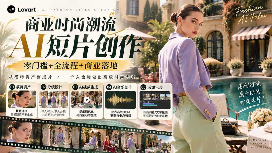 从一张模特图到高级时尚广告大片：AI三视图资产、场景合成、电影分镜、动态生成与复古音乐剪辑实战课-橙心云网创