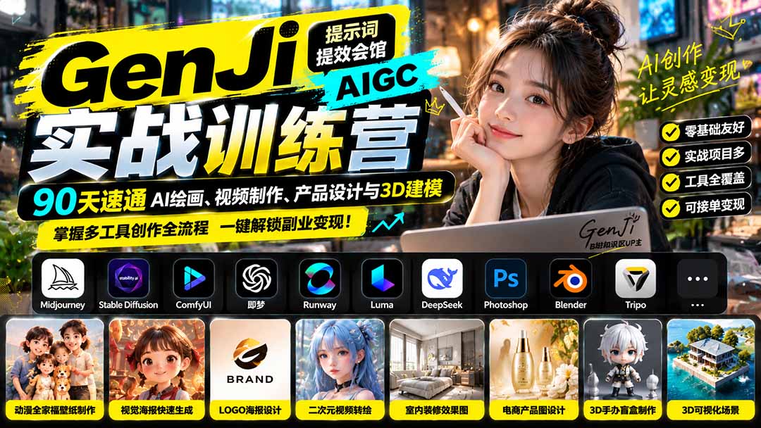 GenJi AIGC实战训练营:90天速通AI绘画、视频制作、产品设计与3D建模,掌握多工具创作全流程-橙心云网创