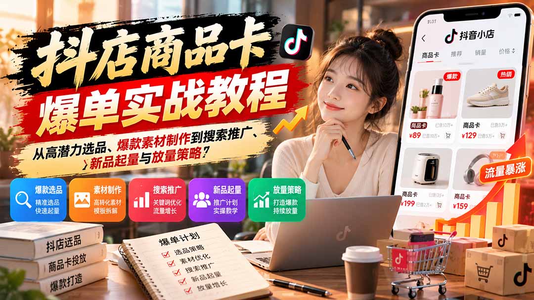 抖店商品卡爆单实战教程：从高潜力选品、爆款素材制作到搜索推广、新品起量与放量策略-橙心云网创