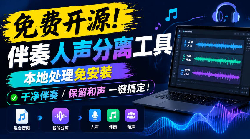 免费开源!伴奏人声分离工具,本地处理免安装,干净伴奏,保留和声一键搞定!-橙心云网创