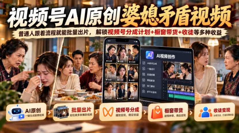 视频号ai原创婆媳矛盾视频,普通人跟着流程就能批量出片,解锁视频号分成计划+橱窗带货+收徒等多种收益-橙心云网创