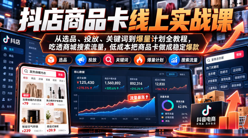 抖店商品卡线上实战课|从选品、投放、关键词到爆量计划全教程,吃透商城搜索流量,低成本把商品卡做成稳定爆款-橙心云网创