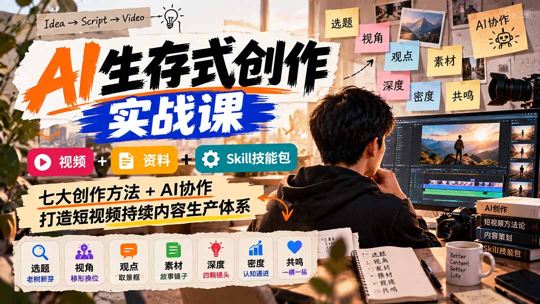 AI生存式创作实战课:视频+资料+Skill技能包,七大创作方法+AI协作,打造短视频持续内容生产体系-橙心云网创