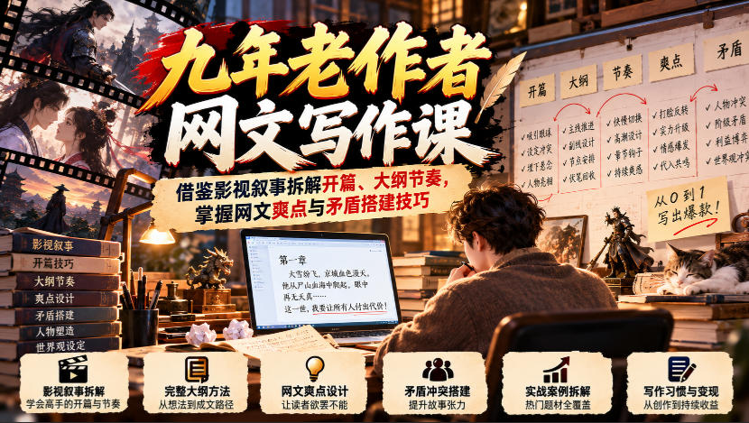 九年老作者网文写作课:借鉴影视叙事拆解开篇、大纲节奏,掌握网文爽点与矛盾搭建技巧-橙心云网创