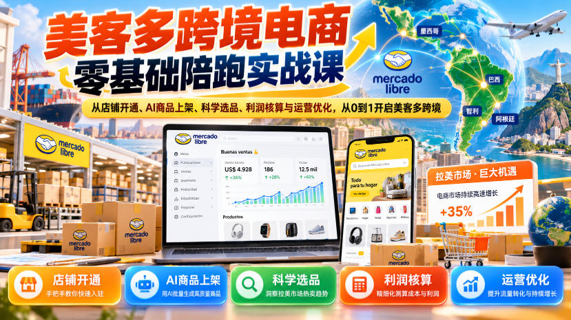 美客多跨境电商零基础陪跑实战课:从店铺开通、AI商品上架、科学选品、利润核算与运营优化,从0到1开启美客多跨境-橙心云网创