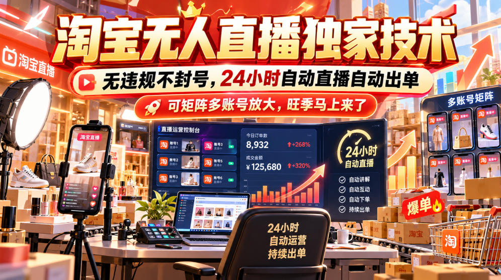 淘宝无人直播独家技术，无违规不封号，24小时自动直播自动出单，可矩阵多账号放大，旺季马上来了【揭秘】-橙心云网创