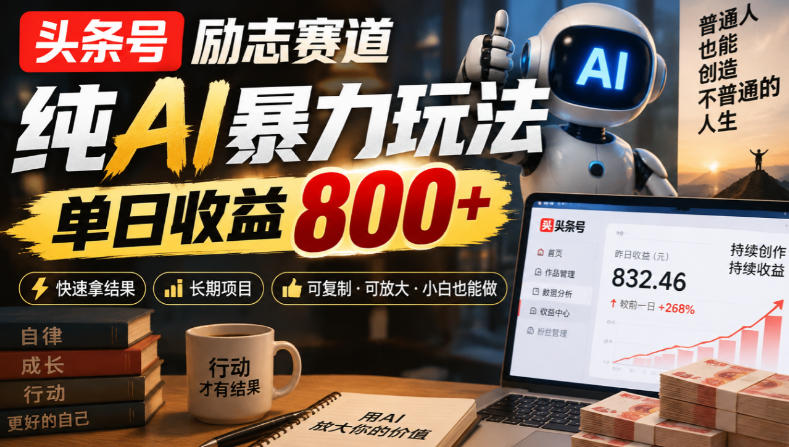 头条号励志赛道,纯AI暴力玩法,单日收益800+,快速拿结果,长期项目-橙心云网创