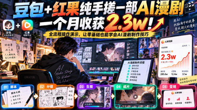 豆包+红果纯手搓一部AI漫剧一个月收获2.3w!全流程操作演示,让零基础也能学会AI漫剧制作技巧-橙心云网创