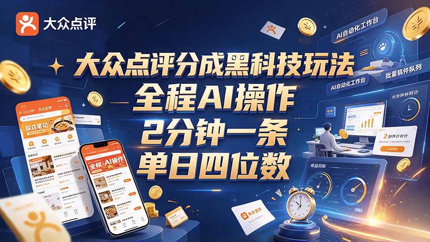 大众点评分成全网独家玩法,AI 全自动出内容,2 分钟一条,小白可冲单日四位数-橙心云网创