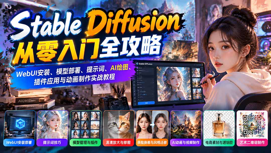 Stable Diffusion从零入门全攻略:WebUI安装、模型部署、提示词、AI绘图、插件应用与动画制作实战教程-橙心云网创