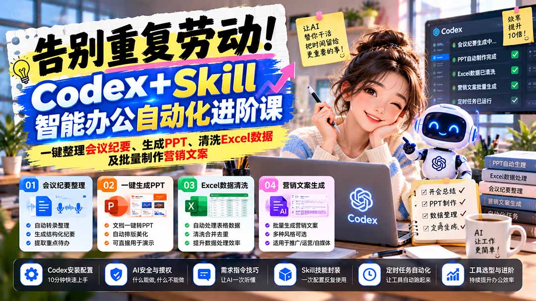告别重复劳动！Codex+Skill智能办公自动化进阶课：一键整理会议纪要、生成PPT、清洗Excel数据及批量制作营销文案-橙心云网创