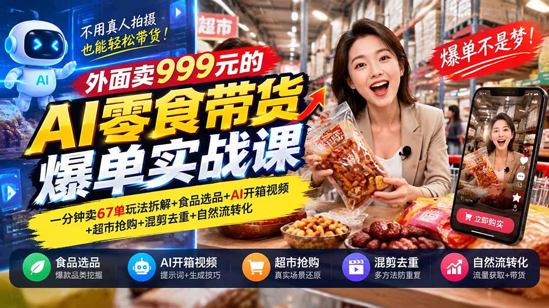 外面卖999元的AI零食带货爆单实战课｜一分钟卖67单玩法拆解+食品选品+AI开箱视频+超市抢购+混剪去重+自然流转化-橙心云网创