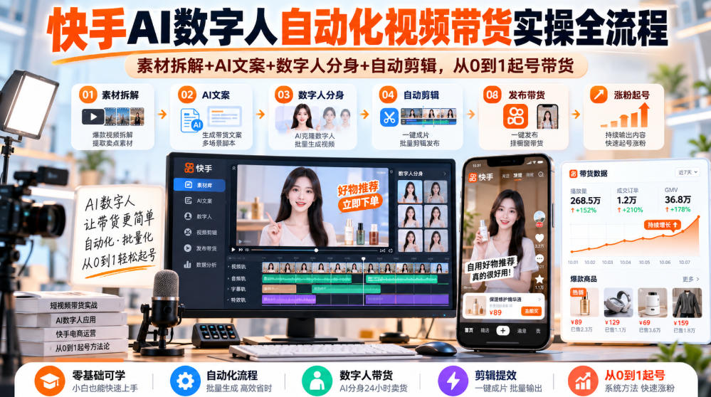 快手AI数字人自动化视频带货实操全流程|素材拆解+AI文案+数字人分身+自动剪辑,从0到1起号带货(更新26年)-橙心云网创