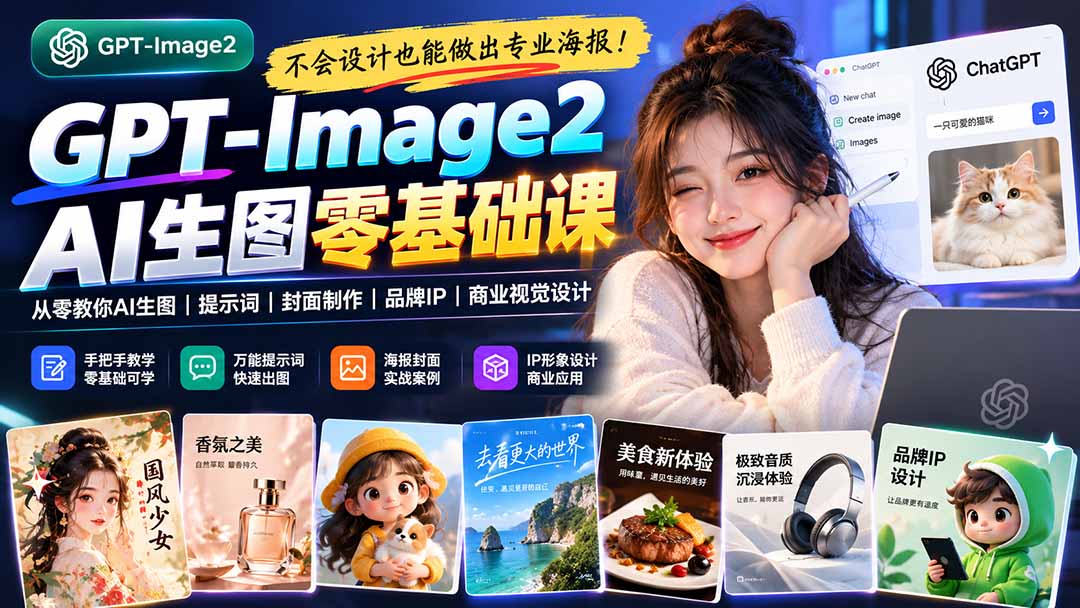 不会设计也能做出专业海报!GPT-Image2从零教你AI生图、提示词、封面制作、品牌IP与商业视觉设计-橙心云网创