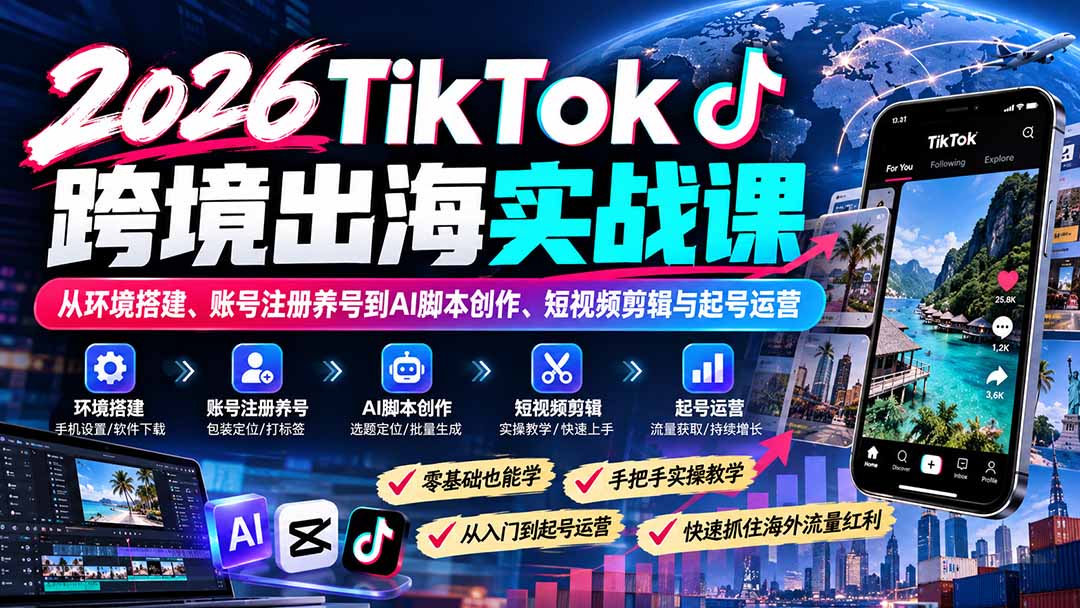 2026TikTok跨境出海实战课:从环境搭建、账号注册养号到AI脚本创作、短视频剪辑与起号运营-橙心云网创