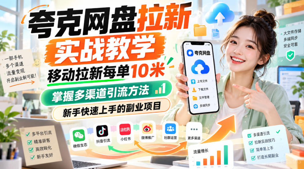 夸克网盘拉新实战教学,移动拉新每单10米,掌握多渠道引流方法,新手快速上手的副业项目(更新1028)-橙心云网创