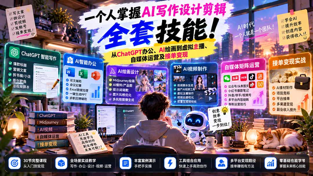 一个人掌握AI写作设计剪辑全套技能:从ChatGPT办公、AI绘画到虚拟主播、自媒体运营及接单变现-橙心云网创