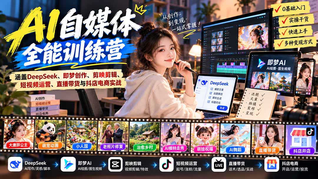 【无水印】AI+自媒体全能训练营:涵盖DeepSeek、即梦创作、剪映剪辑、短视频运营、直播带货与抖店电商实战-橙心云网创