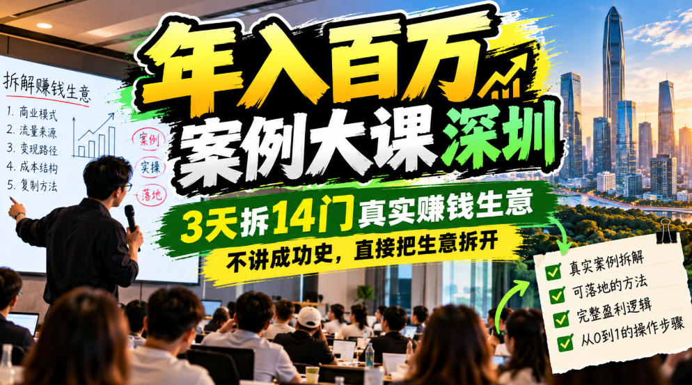 年入百W案例大课深圳,3天拆14门真实賺钱生意,不讲成功史,直接把生意拆开-橙心云网创