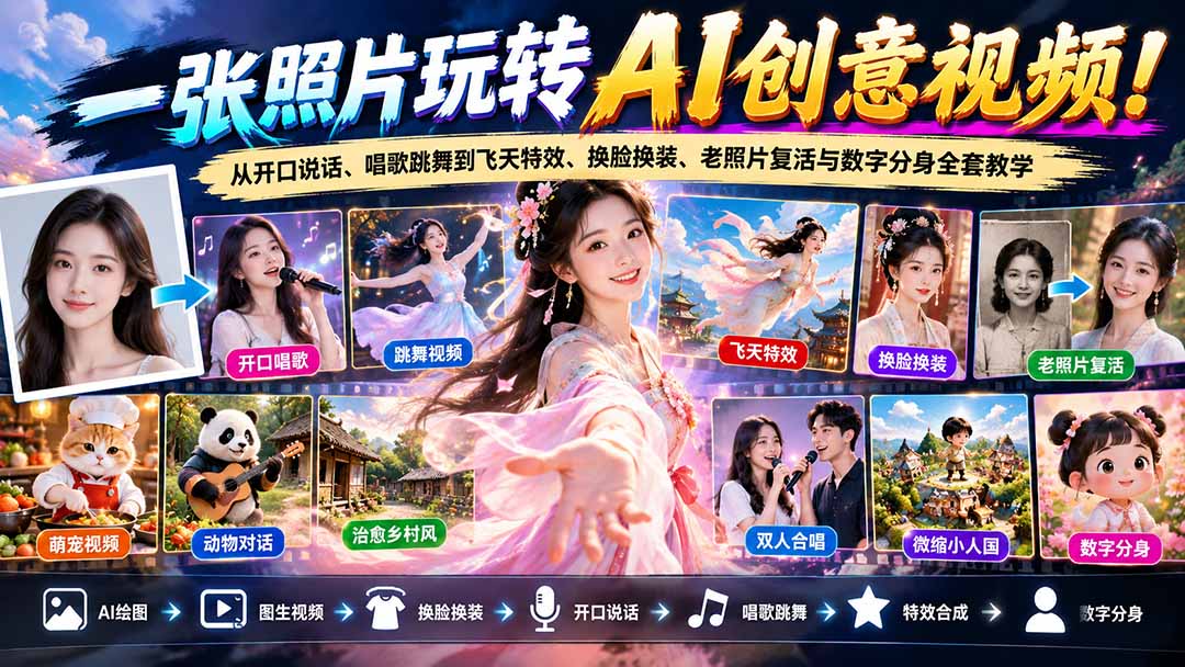 一张照片玩转AI创意视频!从开口说话、唱歌跳舞到飞天特效、换脸换装、老照片复活与数字分身全套教学-橙心云网创