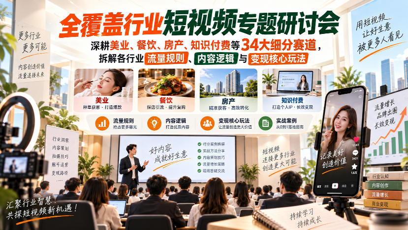 短视频专题研讨会,深耕美业、餐饮、房产、知识付费等34大细分赛道,拆解各行业流量规则、内容逻辑与变现核心玩法(更新1011)-橙心云网创