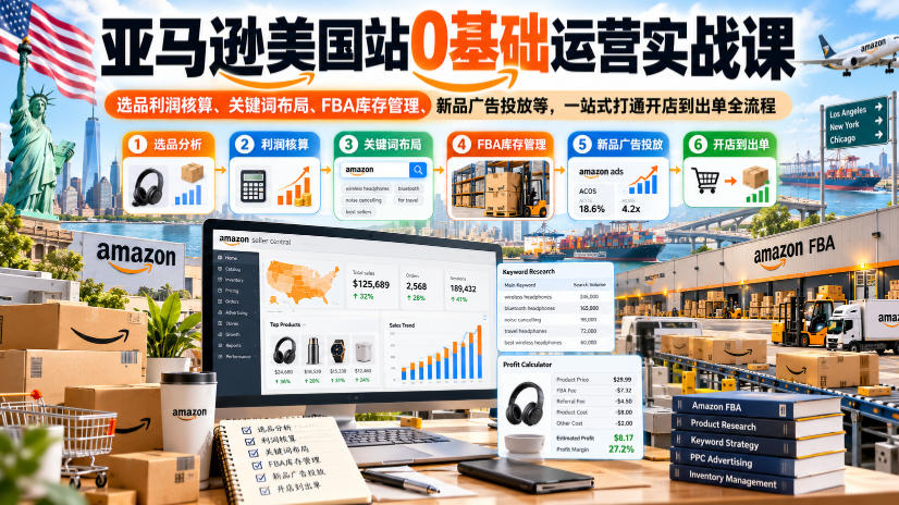 亚马逊美国站0基础运营实战课｜选品利润核算、关键词布局、FBA库存管理、新品广告投放等，一站式打通开店到出单全流程-橙心云网创