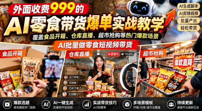 外面收费999的AI零食带货爆单实战教学,覆盖食品开箱、仓库直播、超市抢购等热门爆款场景,AI批量做零食短视频带货-橙心云网创